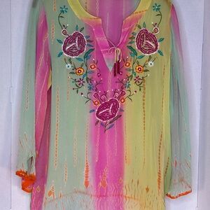 Bohemian Embroidered Sheer Tie-Neck Top in Pastel Gradient Size Medium Dg2